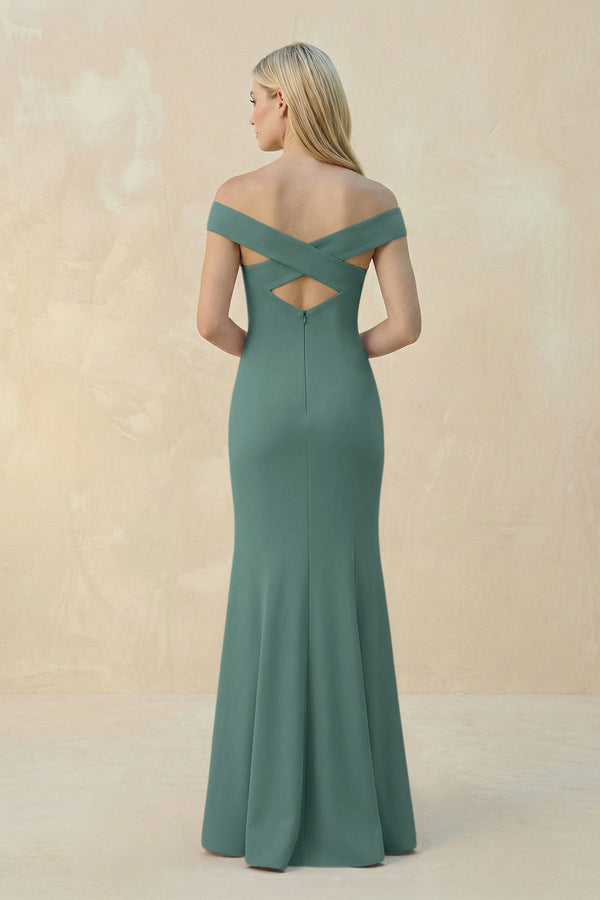 Off - the - Shoulder Sheath Matte Satin Bridesmaid Dress in Dark Teal - KissProm Bridesmaid Dresses