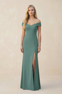 Off - the - Shoulder Sheath Matte Satin Bridesmaid Dress in Dark Teal - KissProm Bridesmaid Dresses