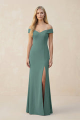 Off - the - Shoulder Sheath Matte Satin Bridesmaid Dress in Dark Teal - KissProm Bridesmaid Dresses