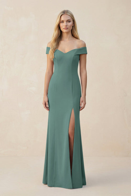 Off - the - Shoulder Sheath Matte Satin Bridesmaid Dress in Dark Teal - KissProm Bridesmaid Dresses