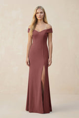 Off - the - Shoulder Sheath Matte Satin Bridesmaid Dress in Desert Rose - KissProm Bridesmaid Dresses