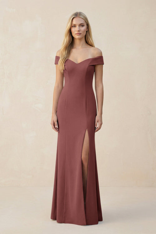 Off - the - Shoulder Sheath Matte Satin Bridesmaid Dress in Desert Rose - KissProm Bridesmaid Dresses