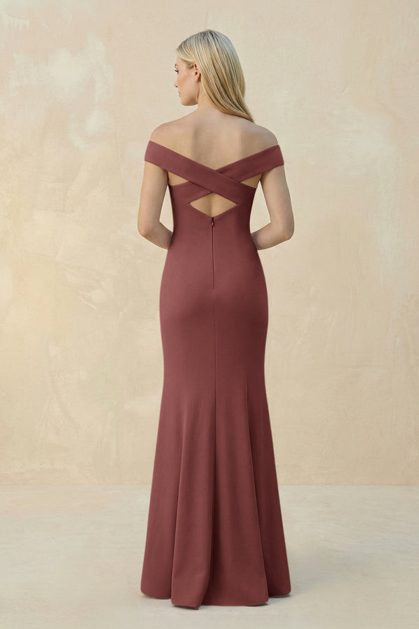 Off - the - Shoulder Sheath Matte Satin Bridesmaid Dress in Desert Rose - KissProm Bridesmaid Dresses