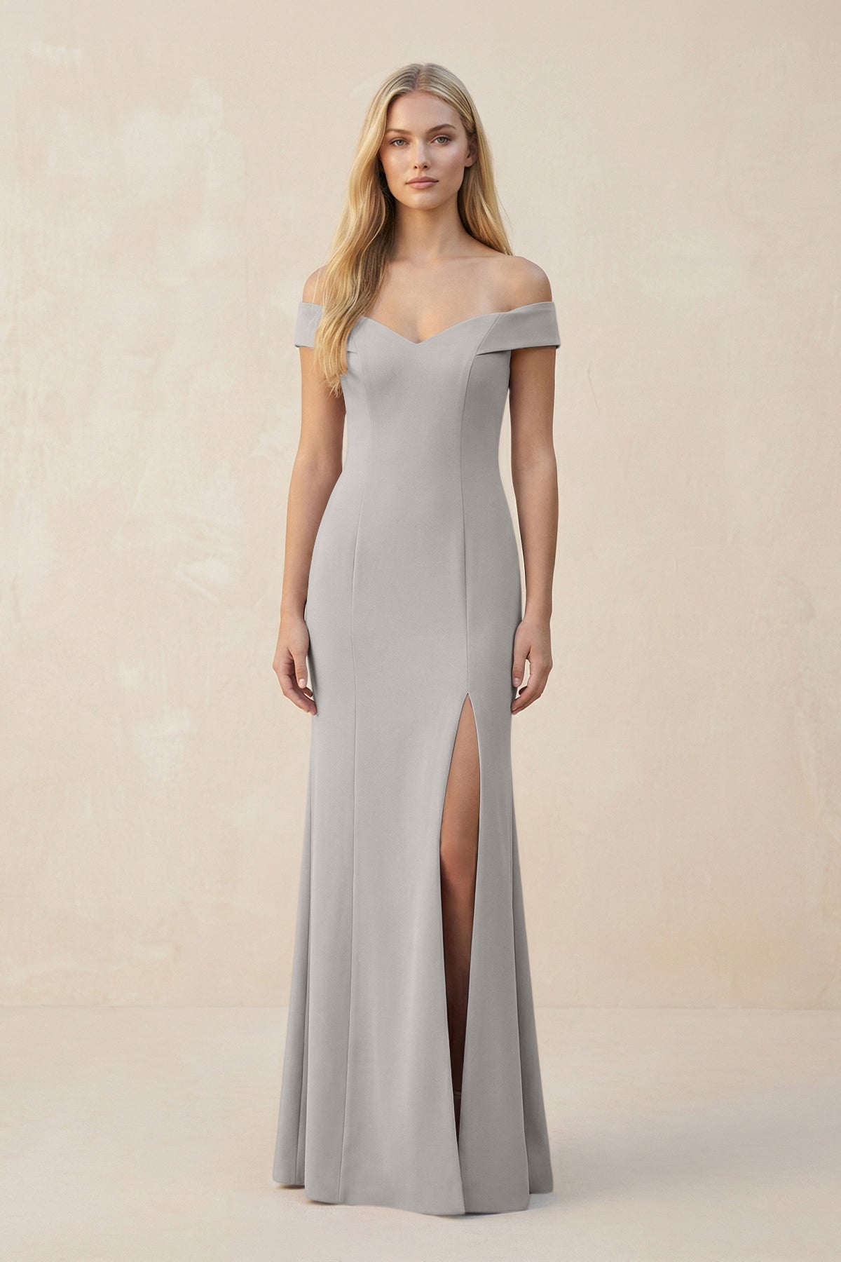 KissProm Off-the-Shoulder Sheath Matte Satin Bridesmaid Dress in Dove Gray, Dove Gray / 30