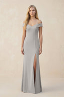 Off - the - Shoulder Sheath Matte Satin Bridesmaid Dress in Dove Gray - KissProm Bridesmaid Dresses