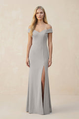 Off - the - Shoulder Sheath Matte Satin Bridesmaid Dress in Dove Gray - KissProm Bridesmaid Dresses