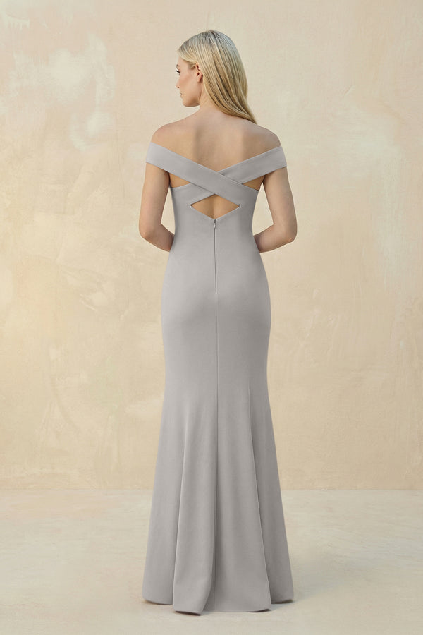 Off - the - Shoulder Sheath Matte Satin Bridesmaid Dress in Dove Gray - KissProm Bridesmaid Dresses