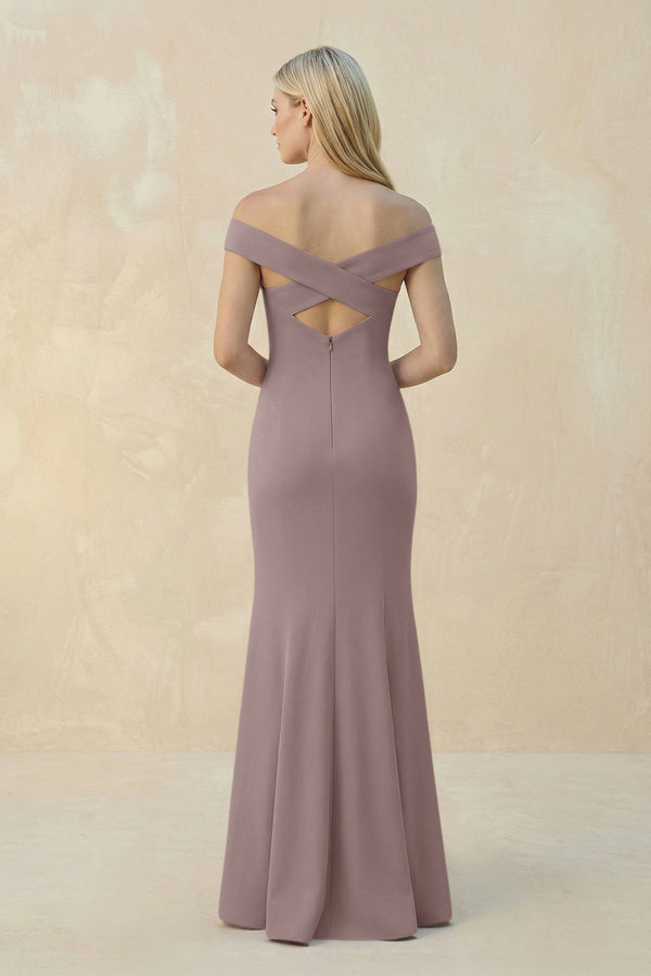 Off - the - Shoulder Sheath Matte Satin Bridesmaid Dress in Dusk - KissProm Bridesmaid Dresses