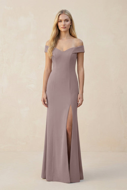 Off - the - Shoulder Sheath Matte Satin Bridesmaid Dress in Dusk - KissProm Bridesmaid Dresses