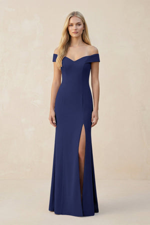 Off - the - Shoulder Sheath Matte Satin Bridesmaid Dress in Dusk Blue - KissProm Bridesmaid Dresses