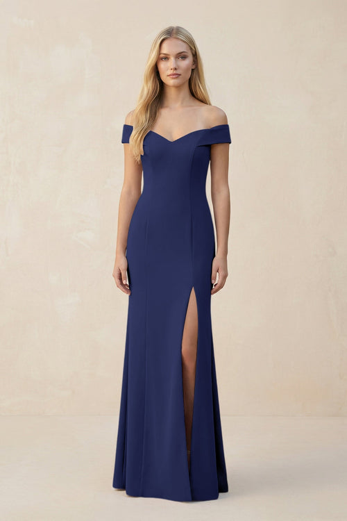 Off - the - Shoulder Sheath Matte Satin Bridesmaid Dress in Dusk Blue - KissProm Bridesmaid Dresses