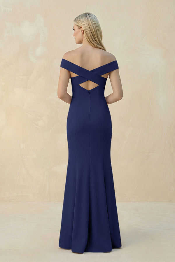 Off - the - Shoulder Sheath Matte Satin Bridesmaid Dress in Dusk Blue - KissProm Bridesmaid Dresses