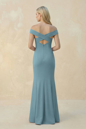 Off - the - Shoulder Sheath Matte Satin Bridesmaid Dress in Dusty Blue - KissProm Bridesmaid Dresses