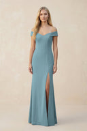Off - the - Shoulder Sheath Matte Satin Bridesmaid Dress in Dusty Blue - KissProm Bridesmaid Dresses