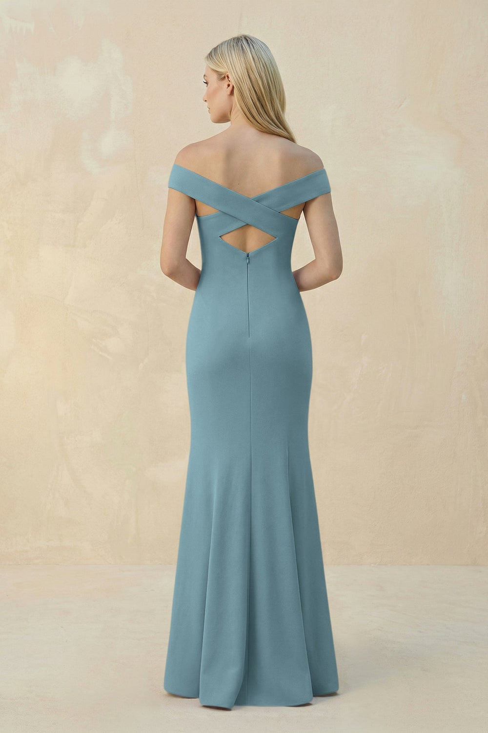 Off - the - Shoulder Sheath Matte Satin Bridesmaid Dress in Dusty Blue - KissProm Bridesmaid Dresses