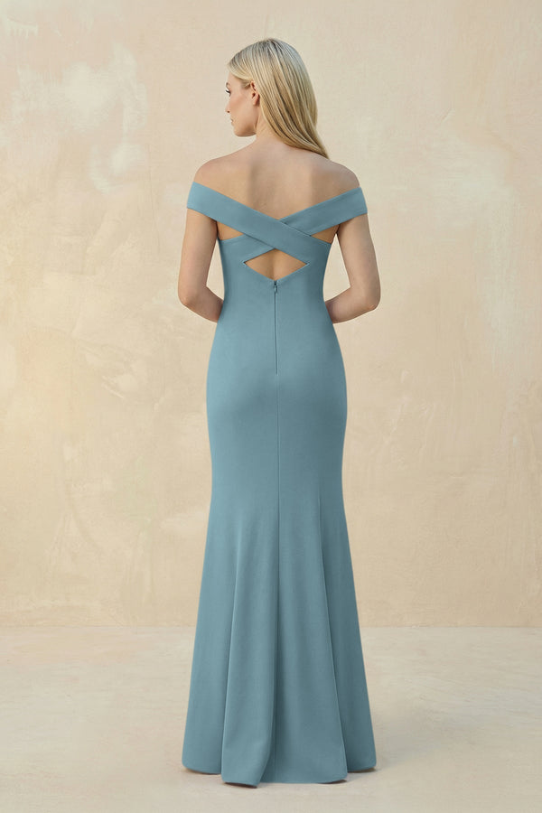 Off - the - Shoulder Sheath Matte Satin Bridesmaid Dress in Dusty Blue - KissProm Bridesmaid Dresses