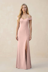 Off - the - Shoulder Sheath Matte Satin Bridesmaid Dress in Dusty Rose - KissProm Bridesmaid Dresses