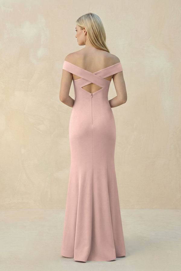 Off - the - Shoulder Sheath Matte Satin Bridesmaid Dress in Dusty Rose - KissProm Bridesmaid Dresses