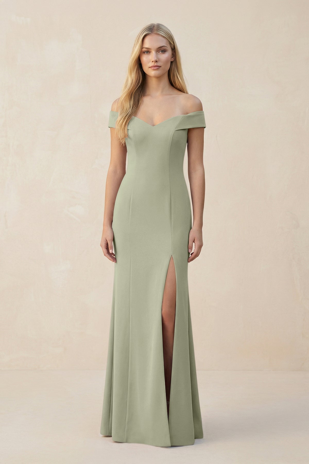 KissProm Off-the-Shoulder Sheath Matte Satin Bridesmaid Dress in Dusty Sage, Dusty Sage / 6