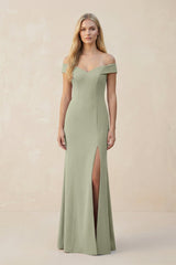 Off - the - Shoulder Sheath Matte Satin Bridesmaid Dress in Dusty Sage - KissProm Bridesmaid Dresses