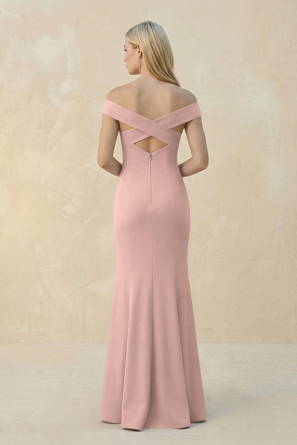 Off - the - Shoulder Sheath Matte Satin Bridesmaid Dress in English Rose - KissProm Bridesmaid Dresses