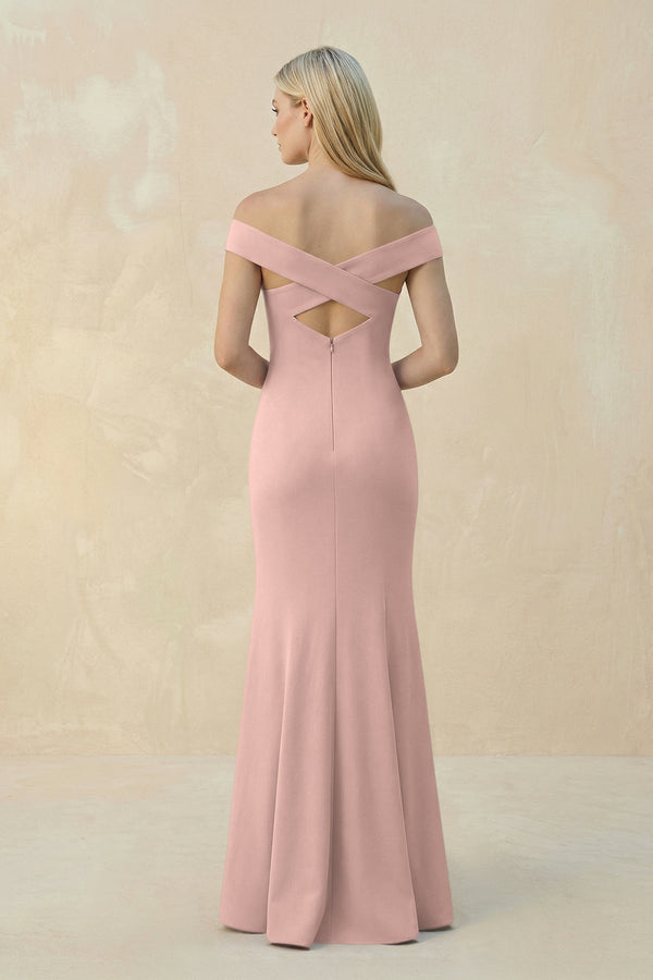 Off - the - Shoulder Sheath Matte Satin Bridesmaid Dress in English Rose - KissProm Bridesmaid Dresses