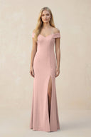 Off - the - Shoulder Sheath Matte Satin Bridesmaid Dress in English Rose - KissProm Bridesmaid Dresses