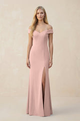Off - the - Shoulder Sheath Matte Satin Bridesmaid Dress in English Rose - KissProm Bridesmaid Dresses