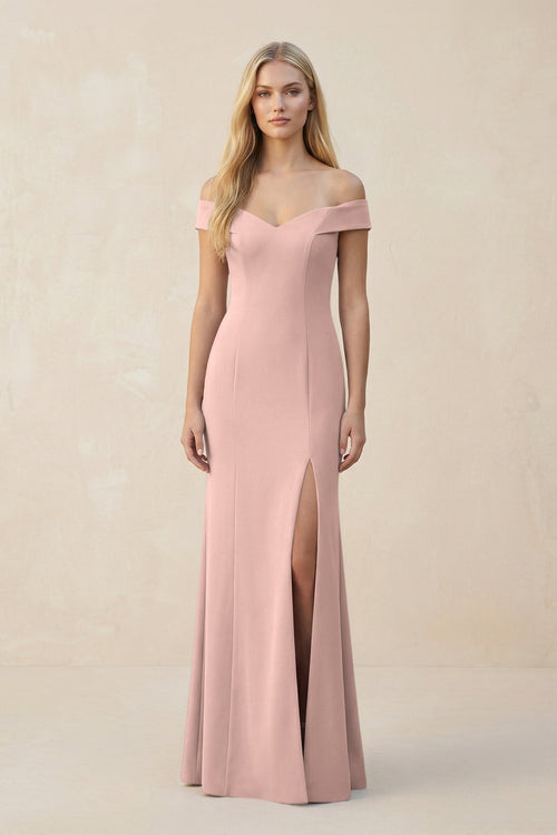 Off - the - Shoulder Sheath Matte Satin Bridesmaid Dress in English Rose - KissProm Bridesmaid Dresses
