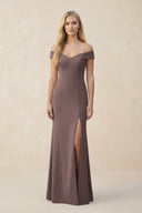 Off - the - Shoulder Sheath Matte Satin Bridesmaid Dress in Espresso - KissProm Bridesmaid Dresses