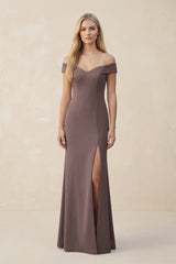 Off - the - Shoulder Sheath Matte Satin Bridesmaid Dress in Espresso - KissProm Bridesmaid Dresses