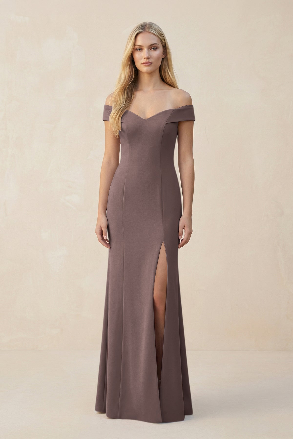 KissProm Off-the-Shoulder Sheath Matte Satin Bridesmaid Dress in Espresso, Espresso / 10