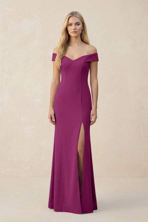 Off - the - Shoulder Sheath Matte Satin Bridesmaid Dress in Fig - KissProm Bridesmaid Dresses
