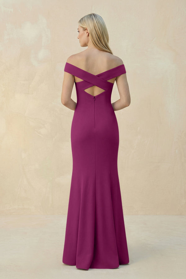 Off - the - Shoulder Sheath Matte Satin Bridesmaid Dress in Fig - KissProm Bridesmaid Dresses