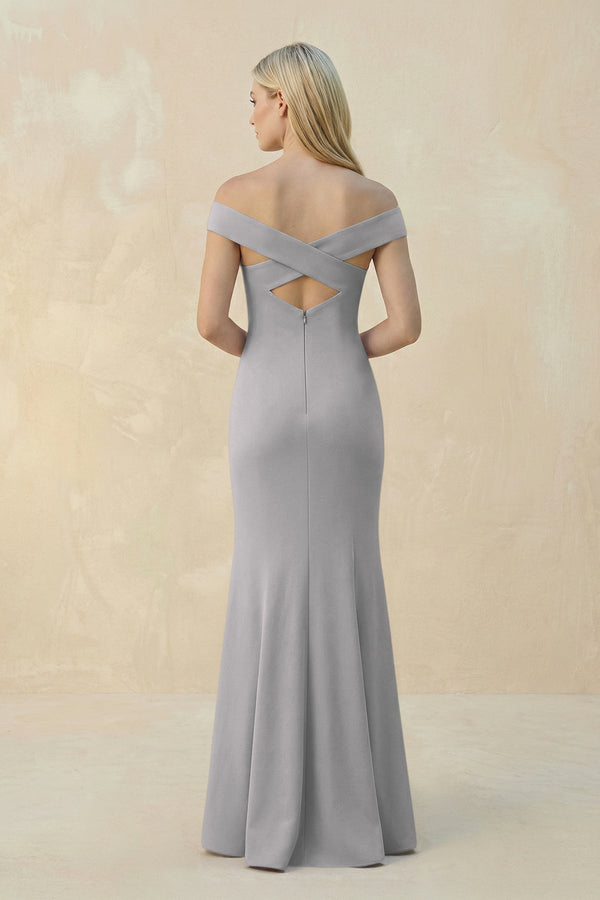 Off - the - Shoulder Sheath Matte Satin Bridesmaid Dress in Frost - KissProm Bridesmaid Dresses
