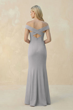 Off - the - Shoulder Sheath Matte Satin Bridesmaid Dress in Frost - KissProm Bridesmaid Dresses