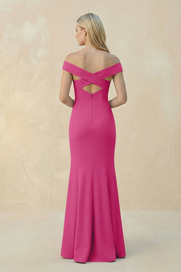 Off - the - Shoulder Sheath Matte Satin Bridesmaid Dress in Fuchsia - KissProm Bridesmaid Dresses