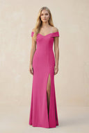Off - the - Shoulder Sheath Matte Satin Bridesmaid Dress in Fuchsia - KissProm Bridesmaid Dresses