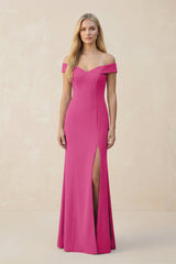 Off - the - Shoulder Sheath Matte Satin Bridesmaid Dress in Fuchsia - KissProm Bridesmaid Dresses