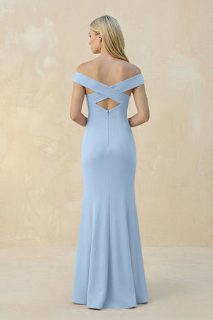 Off - the - Shoulder Sheath Matte Satin Bridesmaid Dress in Ice - KissProm Bridesmaid Dresses