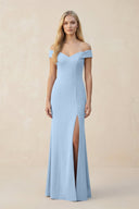 Off - the - Shoulder Sheath Matte Satin Bridesmaid Dress in Ice - KissProm Bridesmaid Dresses