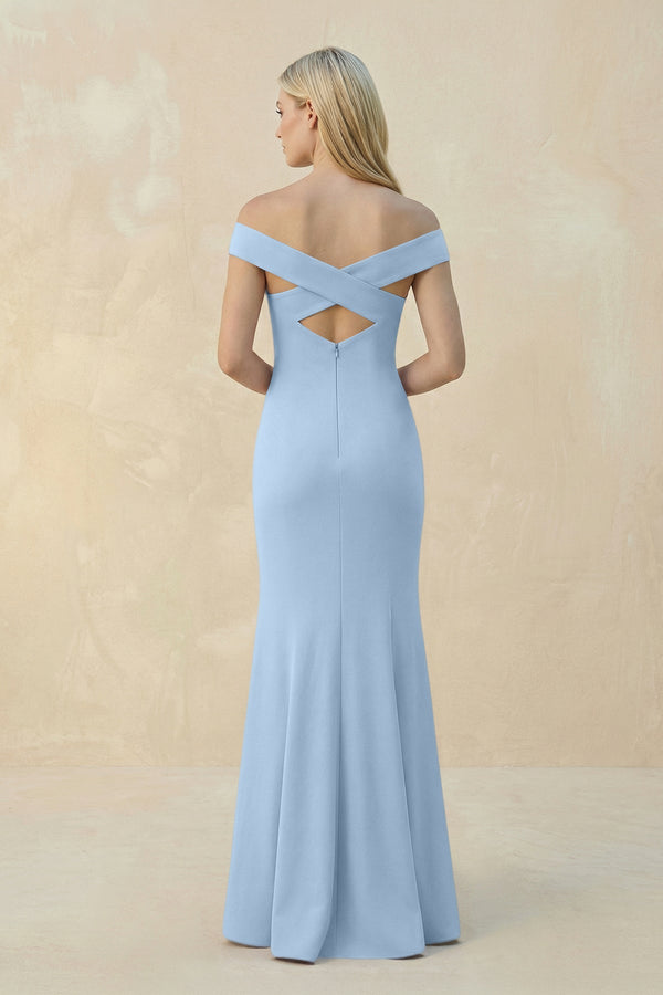 Off - the - Shoulder Sheath Matte Satin Bridesmaid Dress in Ice - KissProm Bridesmaid Dresses