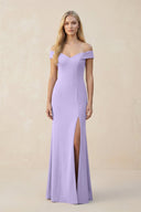 Off - the - Shoulder Sheath Matte Satin Bridesmaid Dress in Lavender - KissProm Bridesmaid Dresses