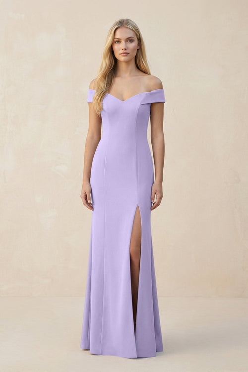 Off - the - Shoulder Sheath Matte Satin Bridesmaid Dress in Lavender - KissProm Bridesmaid Dresses
