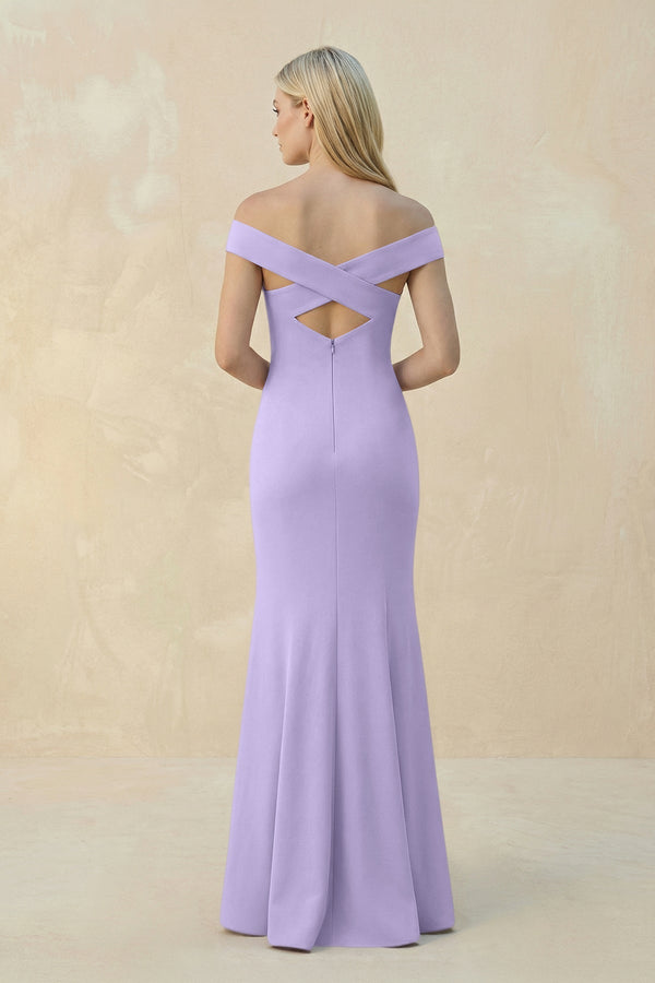 Off - the - Shoulder Sheath Matte Satin Bridesmaid Dress in Lavender - KissProm Bridesmaid Dresses