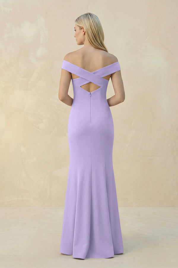 Off - the - Shoulder Sheath Matte Satin Bridesmaid Dress in Lavender - KissProm Bridesmaid Dresses