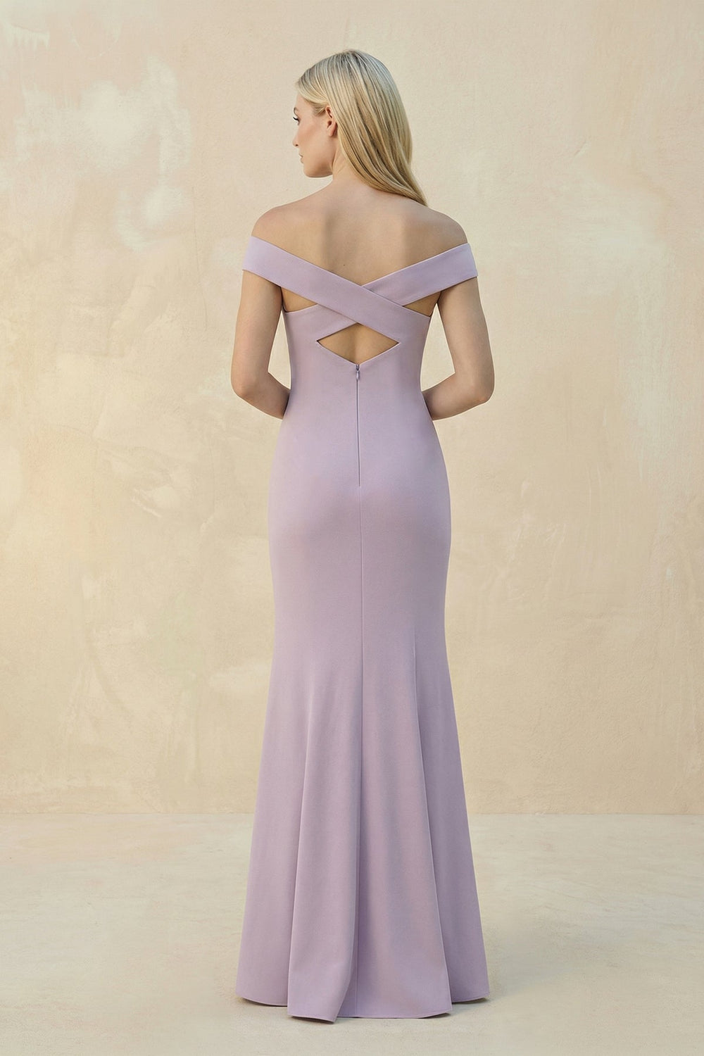 Off - the - Shoulder Sheath Matte Satin Bridesmaid Dress in Lavender Grey - KissProm Bridesmaid Dresses