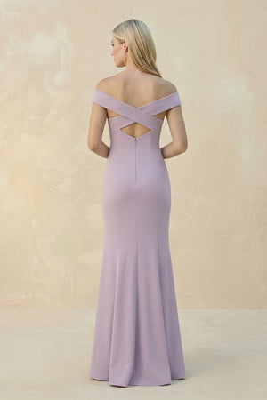Off - the - Shoulder Sheath Matte Satin Bridesmaid Dress in Lavender Grey - KissProm Bridesmaid Dresses