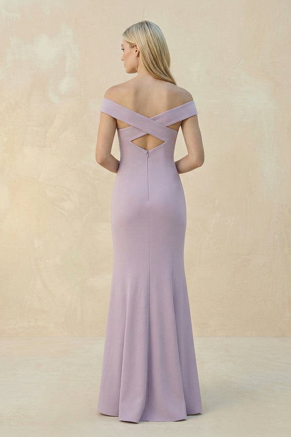 Off - the - Shoulder Sheath Matte Satin Bridesmaid Dress in Lavender Grey - KissProm Bridesmaid Dresses