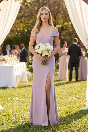Off - the - Shoulder Sheath Matte Satin Bridesmaid Dress in Lavender Grey - KissProm Bridesmaid Dresses